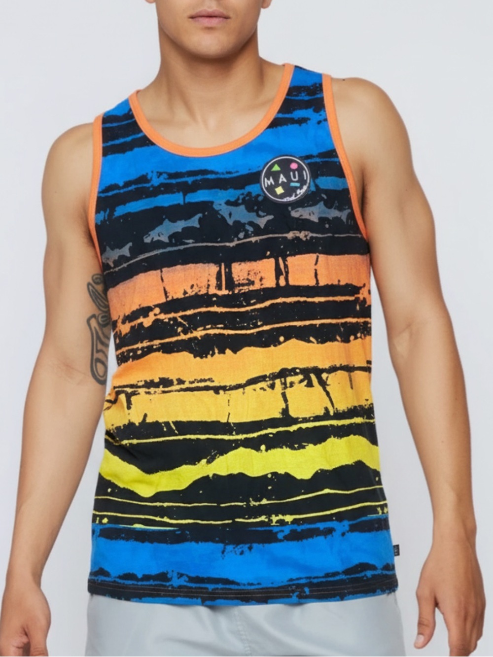 Maui and Sons Mens Striped Tank Top Blue Orange Yellow Surf Skate Large NWOT